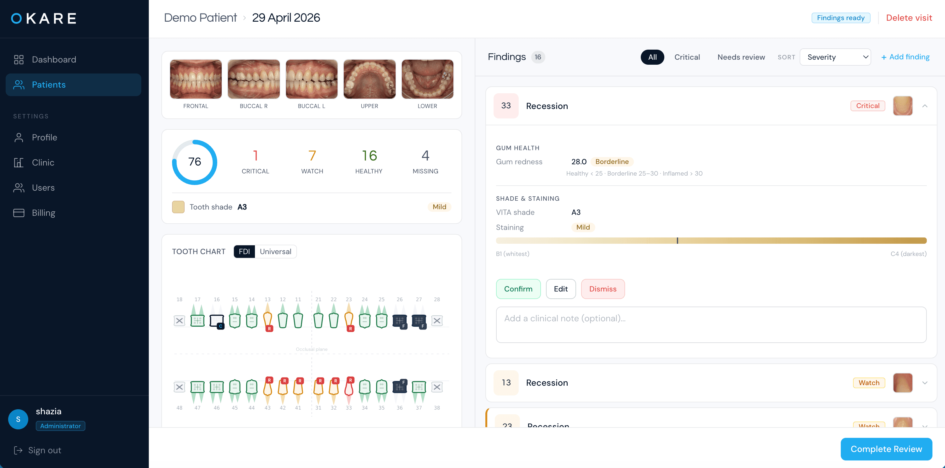 Okare Clinic web portal — dentist review and odontogram confirmation